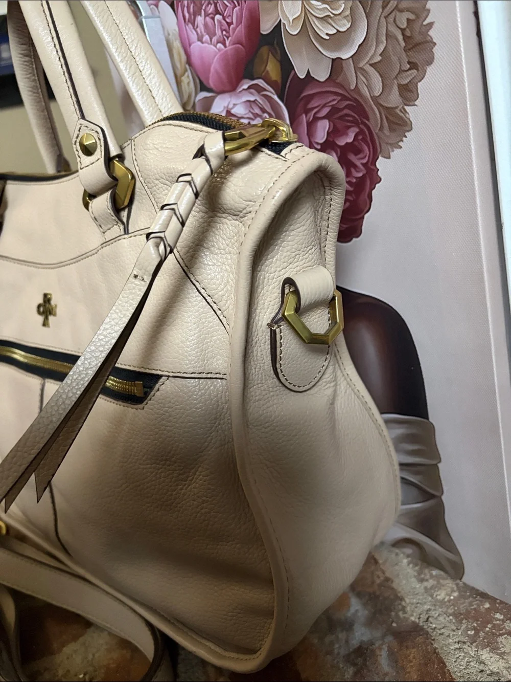 orYANY Cream Leather Shoulder Bag with Gold Hardware